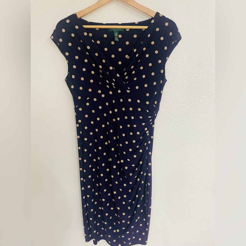 Lauren Ralph Lauren Polka Dot Ruched Sheath Dress Size 8 Dark Purple Work Office